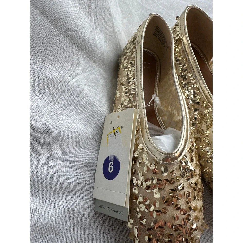 A New Day Womens Gold Sequin Ballet Flats‎ Memory Foam Slip On Shoes Size 6 NEW